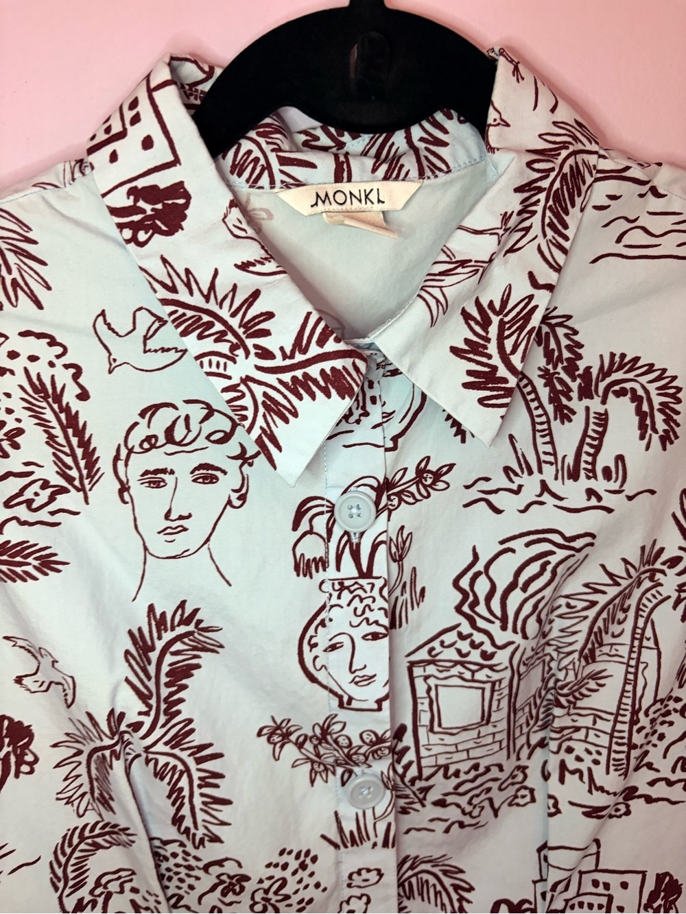 Monki Pale Blue Shirt Dress with Maroon Botanical Print - Picture 10 of 11